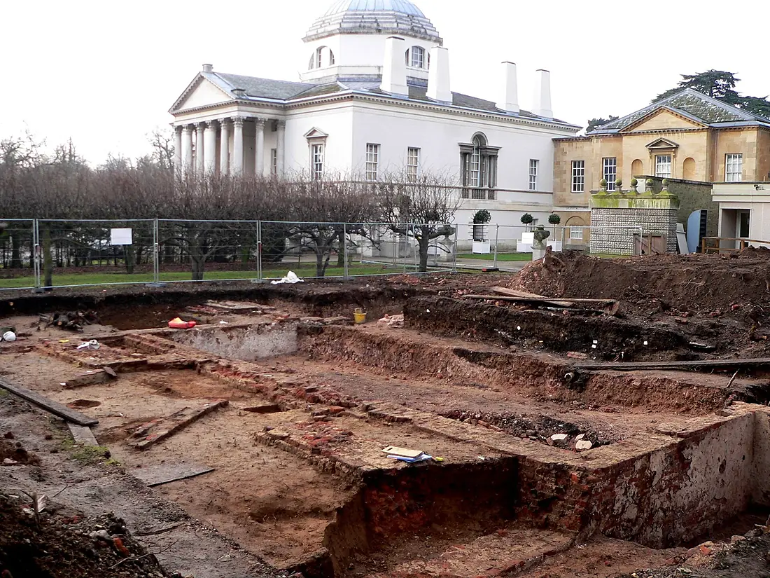 Archeological dig at Chiswick House uncovering the remains of the old Jacobean House